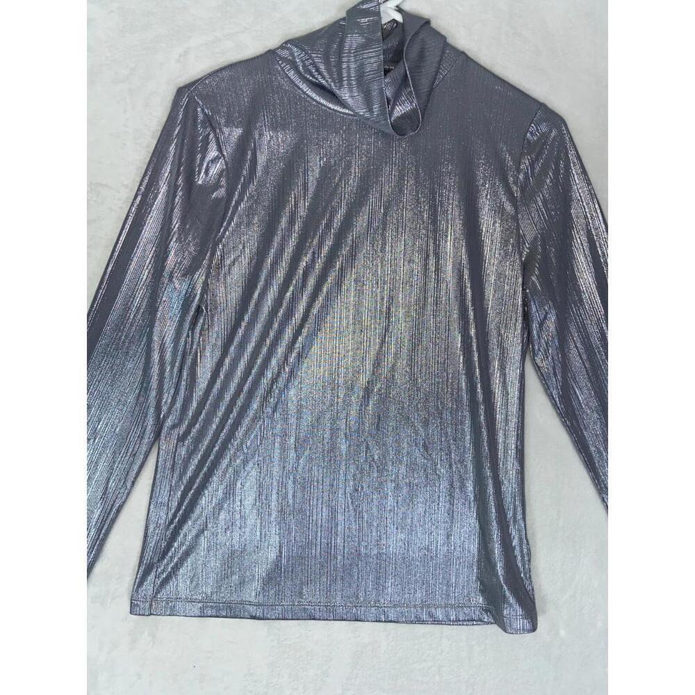 Kate Spade New York Silver Metallic Stretch Shirt Poly Blend Medium Turtleneck - Picture 2 of 9